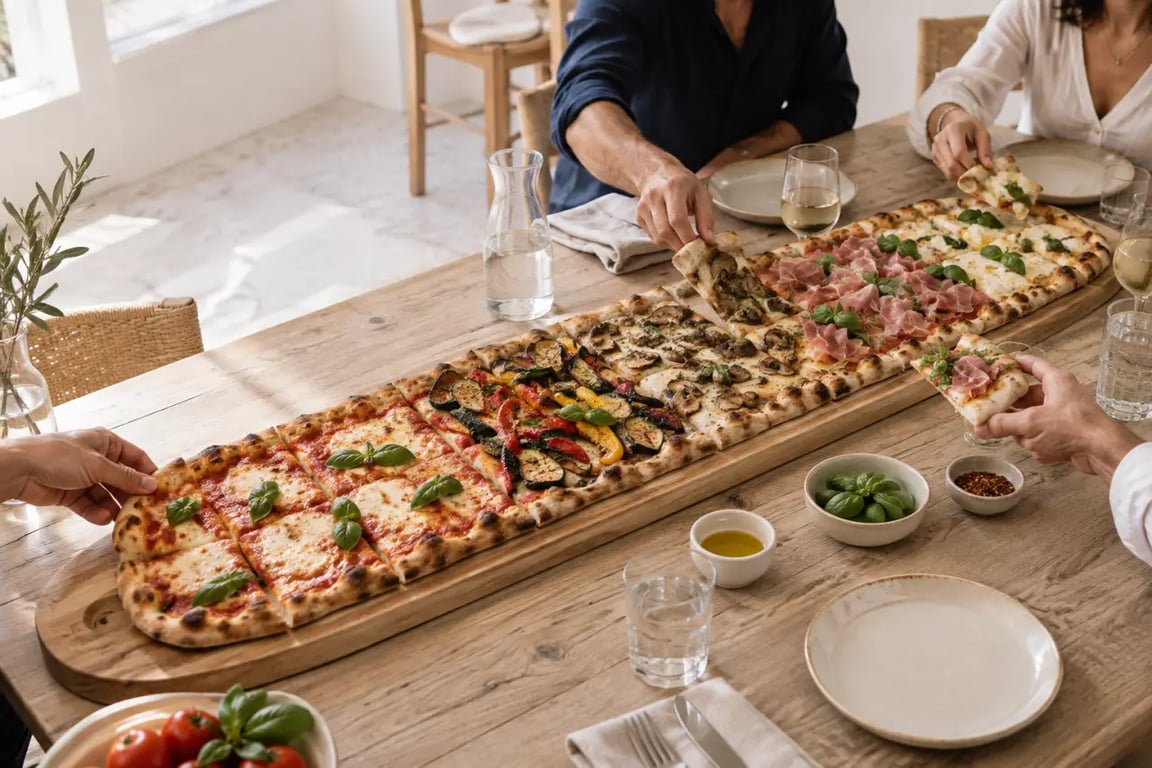 Pizza au mètre en Italie découpée en portions et partagée autour d’une table