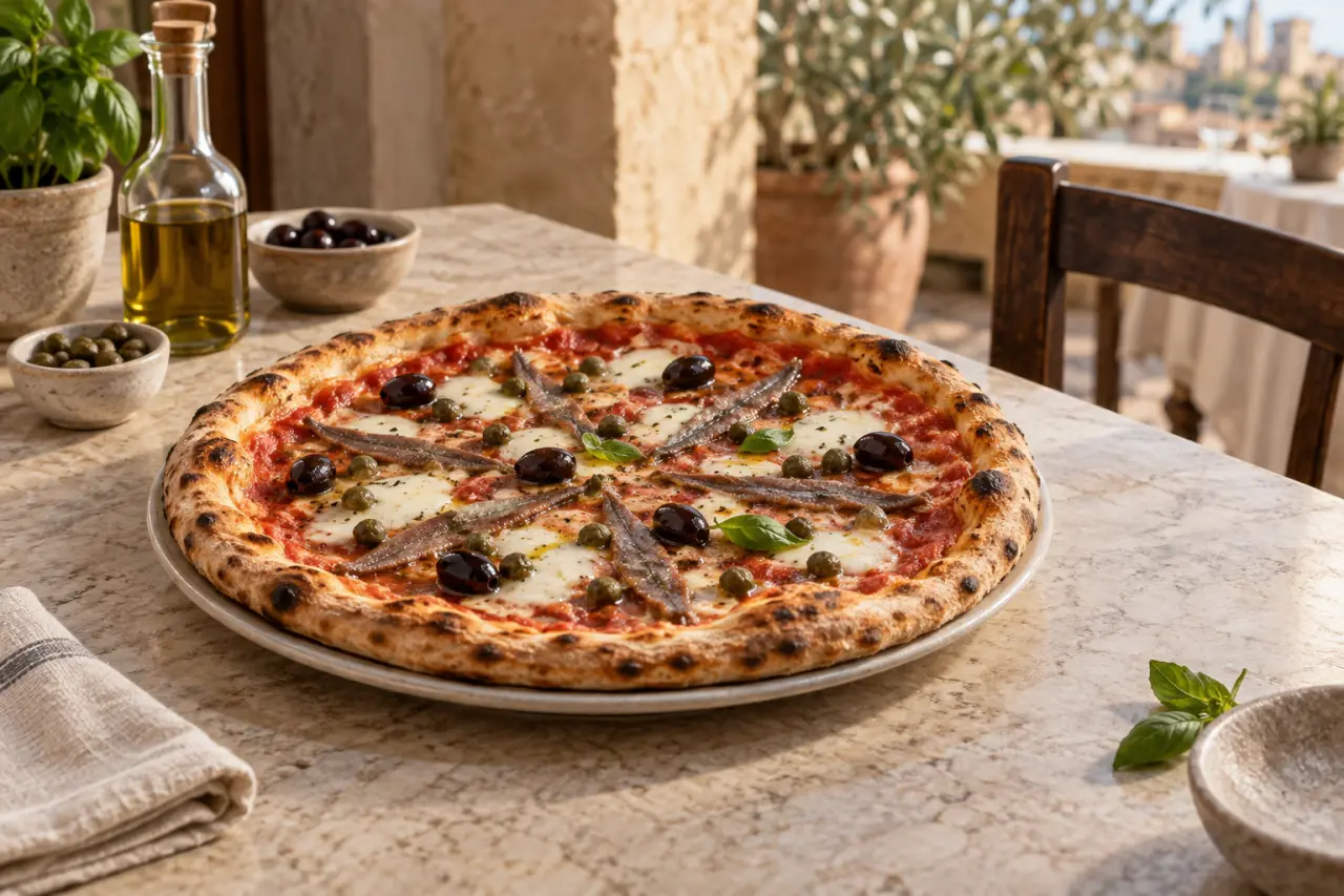 Pizza aux anchois en Italie : câpres et olives sans excès de sel