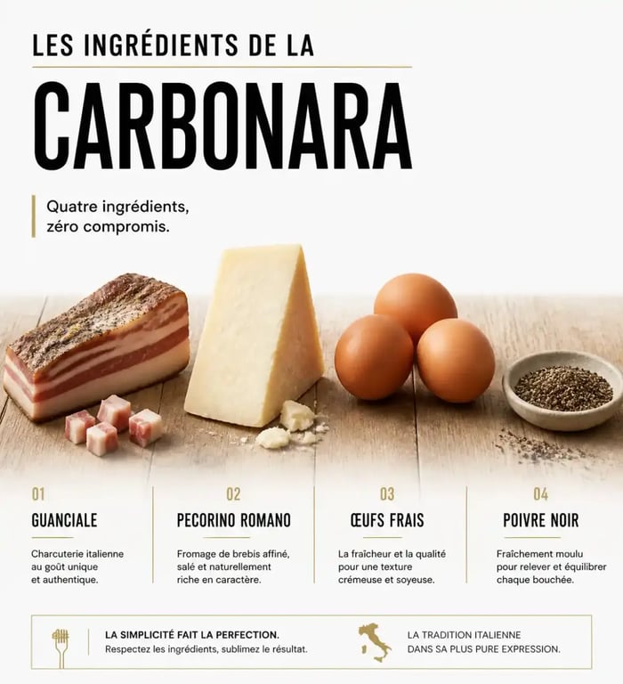 Ingrédients traditionnels pour la recette des pâtes carbonara italiennes.