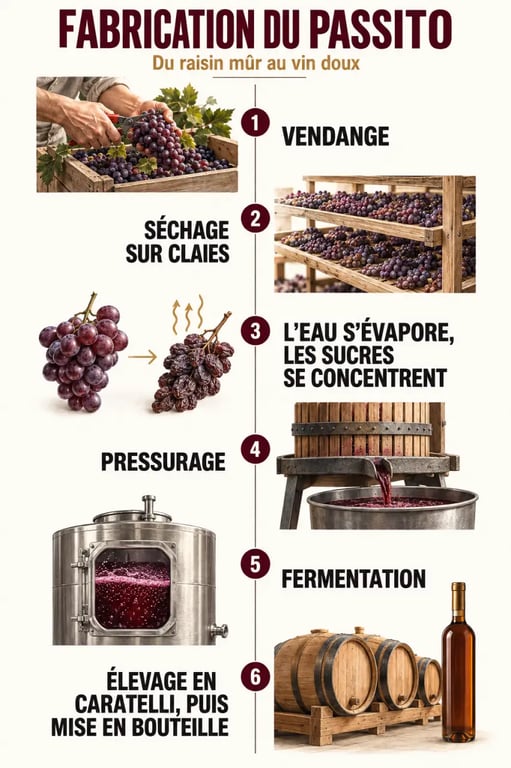 Étapes de fabrication du passito vin italien par passerillage et élevage