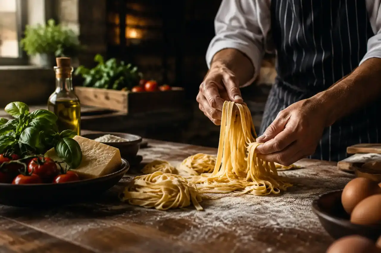 Assiette de pâtes fraîches italiennes dans une ambiance de restaurant élégante