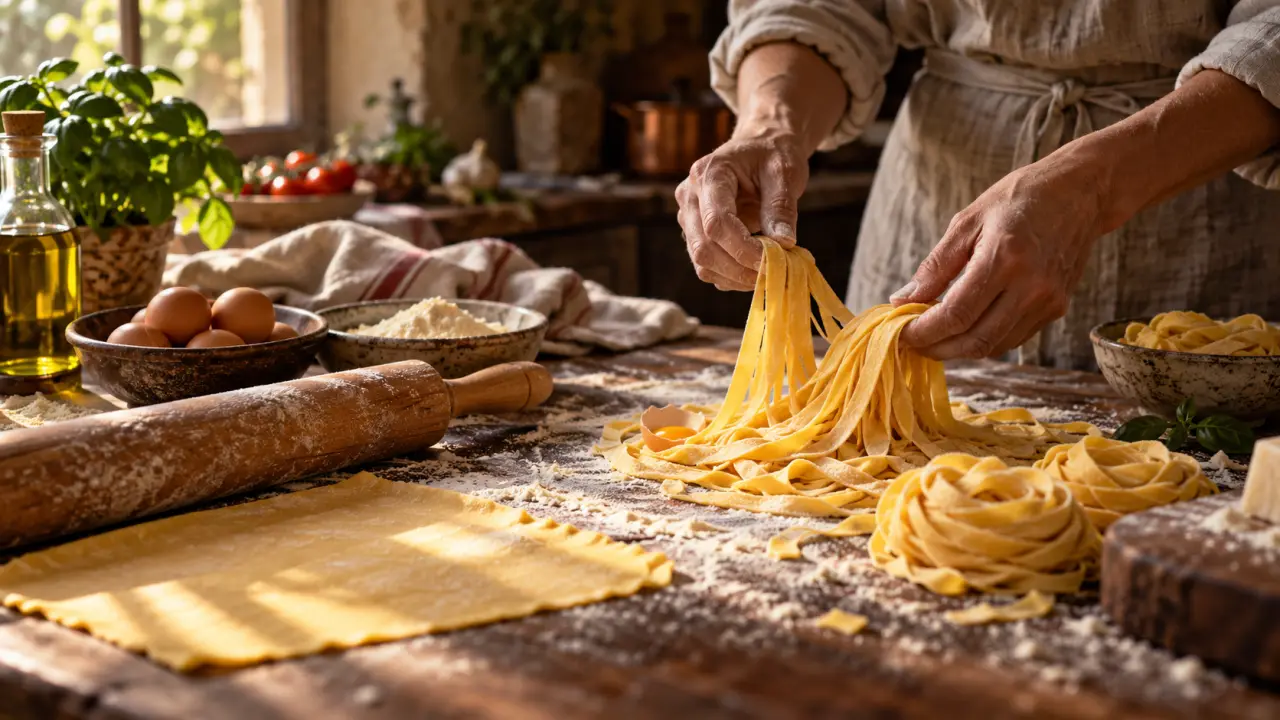 Préparation artisanale de pâtes fraîches italiennes sur un plan de travail en bois