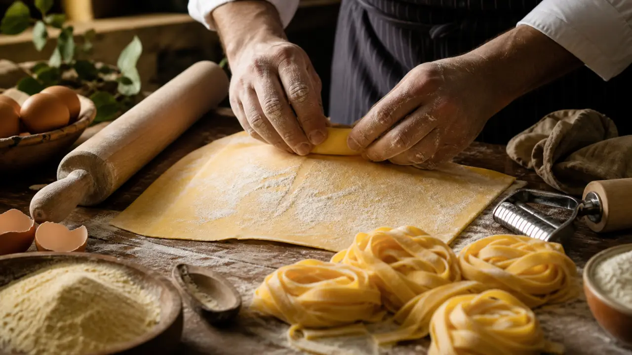 Pâtes fraîches aux œufs dressées dans une ambiance de haute cuisine italienne