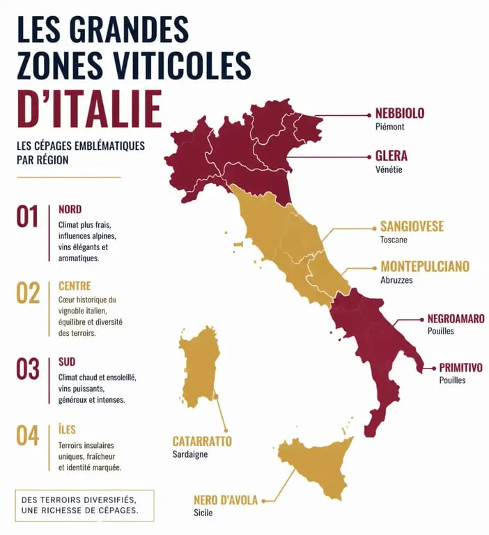 Carte des cépages italiens par région, du Nord aux Îles