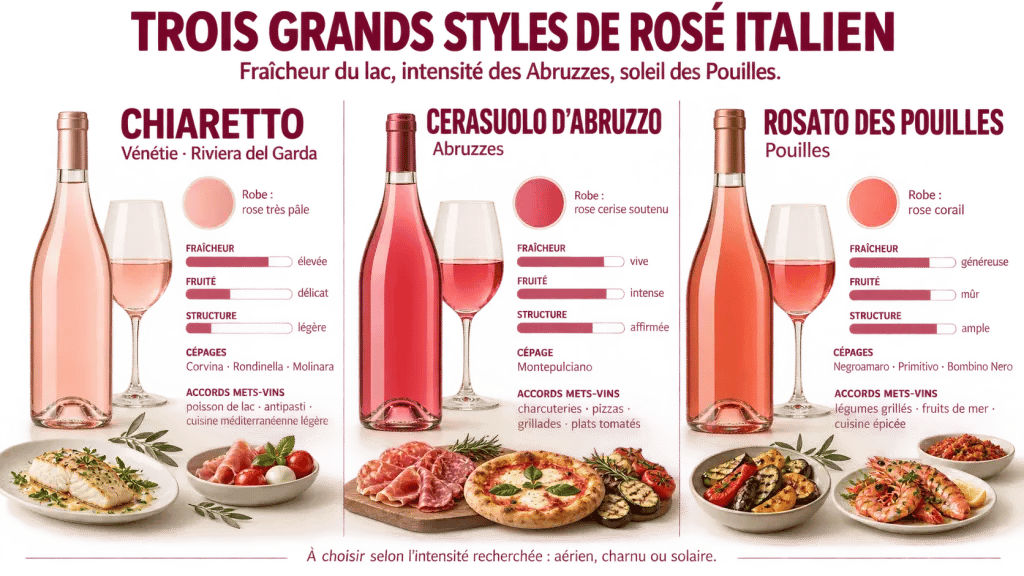 Infographie comparative sur le meilleur vin rosé italien selon les régions, les styles et les accords
