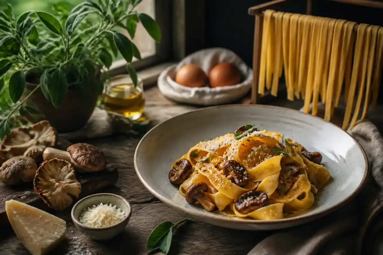 Assiette de pâtes italiennes de saison dressée dans une ambiance chaleureuse