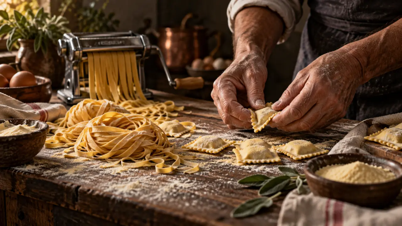 Préparation artisanale de pâtes fraîches italiennes sur un plan de travail