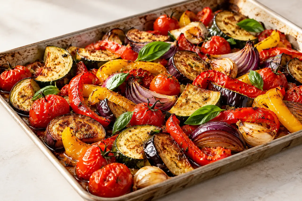 Recette légumes au four à l’italienne avec courgettes, aubergines, poivrons et tomates rôtis