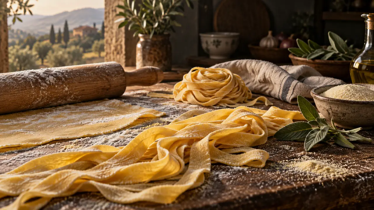 Pâtes fraîches italiennes préparées artisanalement sur une table de cuisine