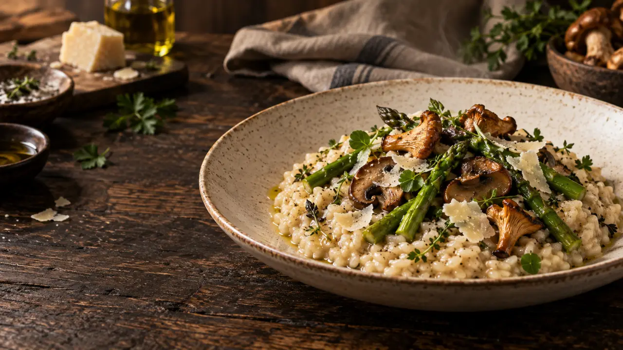 Risotto italien crémeux aux légumes de saison servi dans une assiette sombre