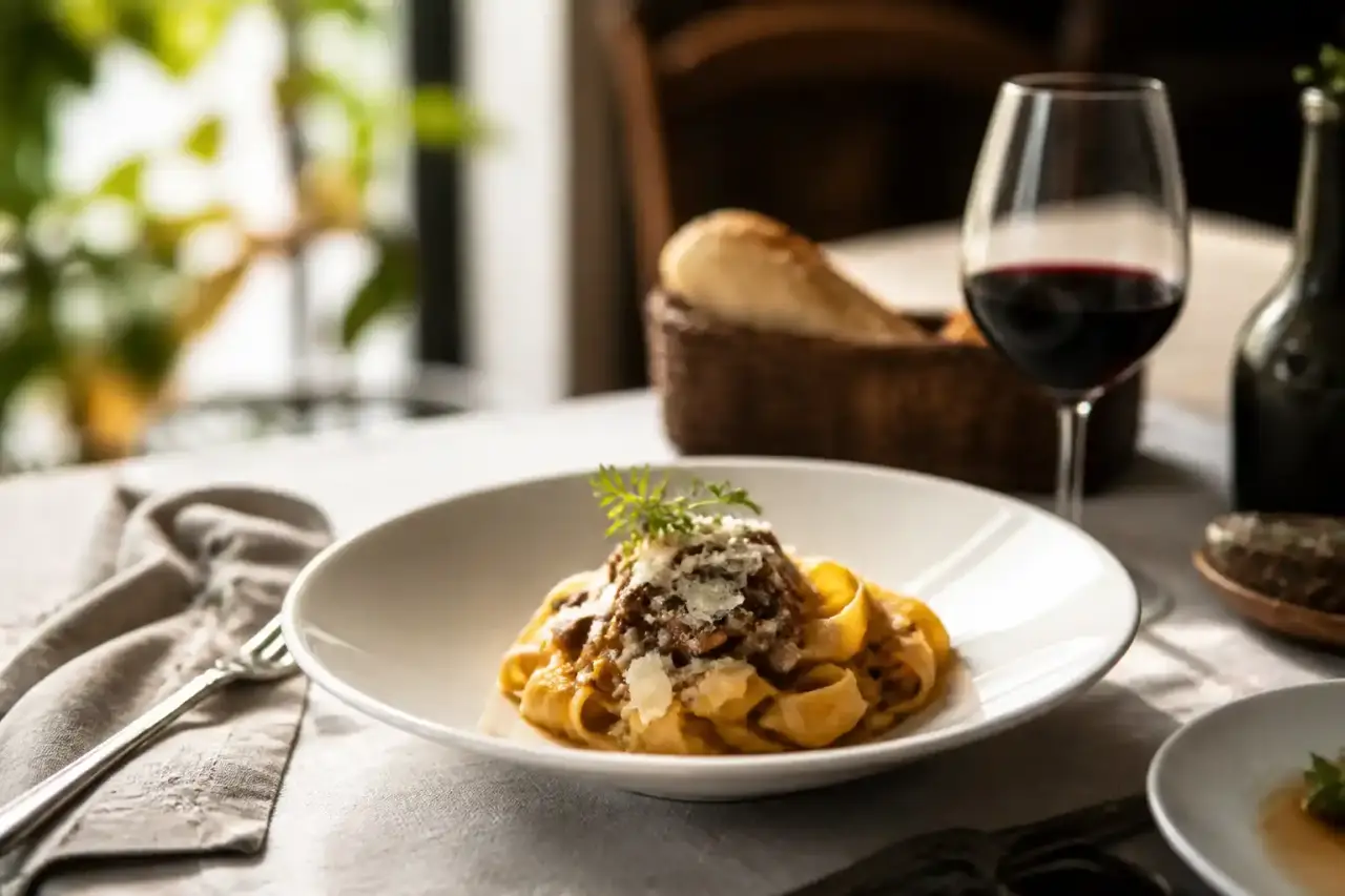 Pâtes fraîches artisanales parsemées de farine sur une table en bois sombre