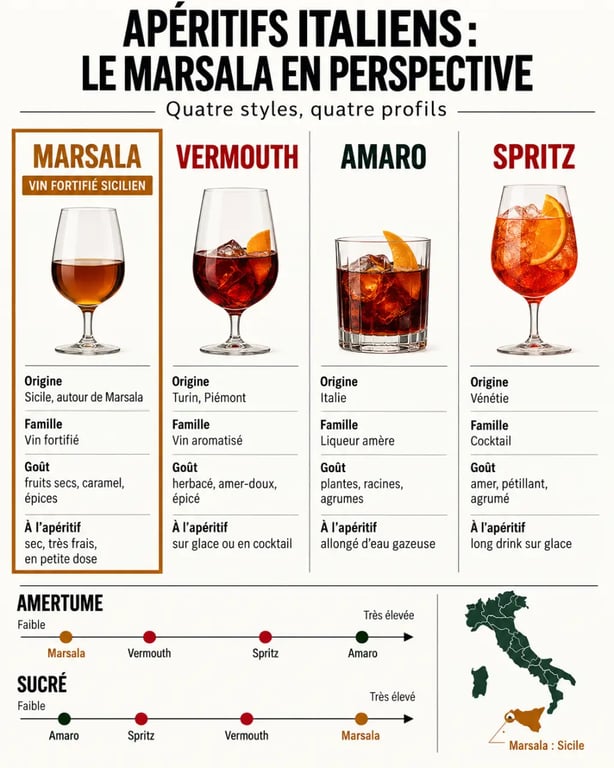 Infographie sur l’apéritif italien vin cuit : Marsala, vermouth, amaro et Spritz