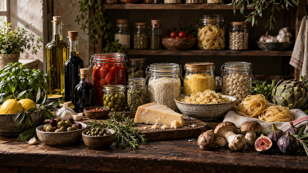 Garde-manger italien composé de pâtes, huile d'olive, tomates et fromages