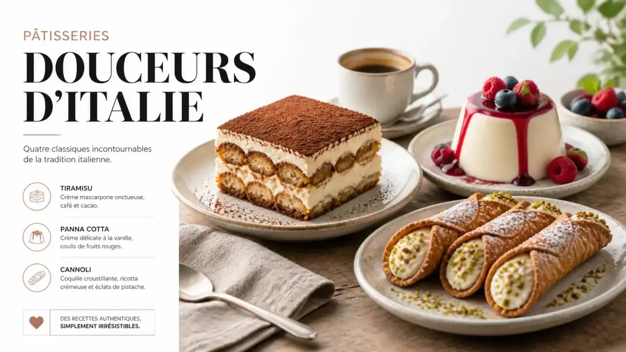 Assortiment de spécialités italiennes sucrées incluant tiramisu et panna cotta