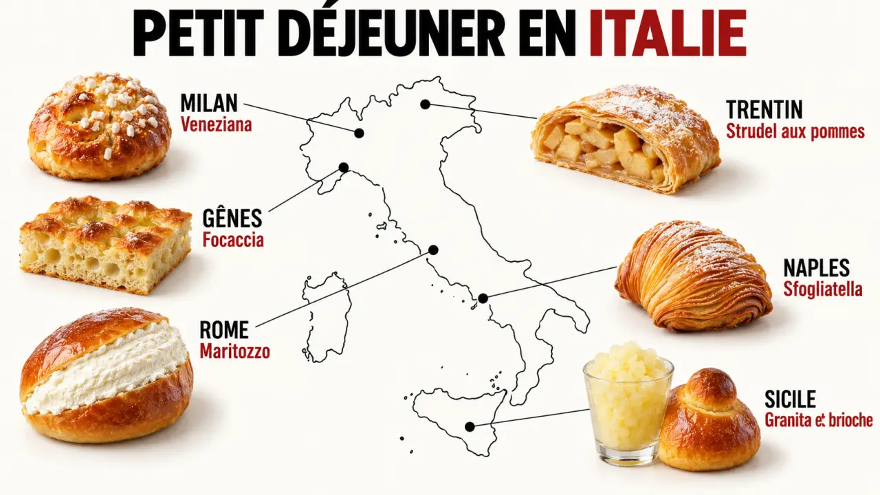 Infographie du petit déjeuner en Italie et de ses spécialités régionales