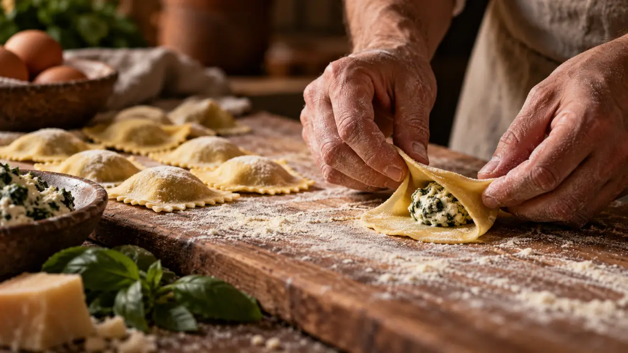 Ravioli maison façonnés à la main sur un plan de travail