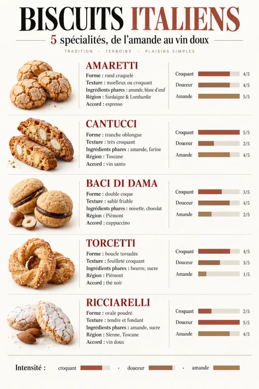 Infographie comparative des biscuits italiens, de leurs régions, textures et ingrédients