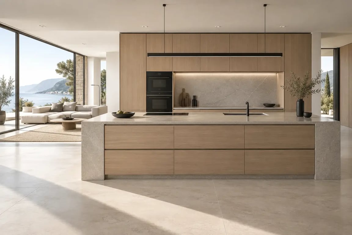 Cuisine haut de gamme italienne contemporaine avec îlot et façades sans poignées