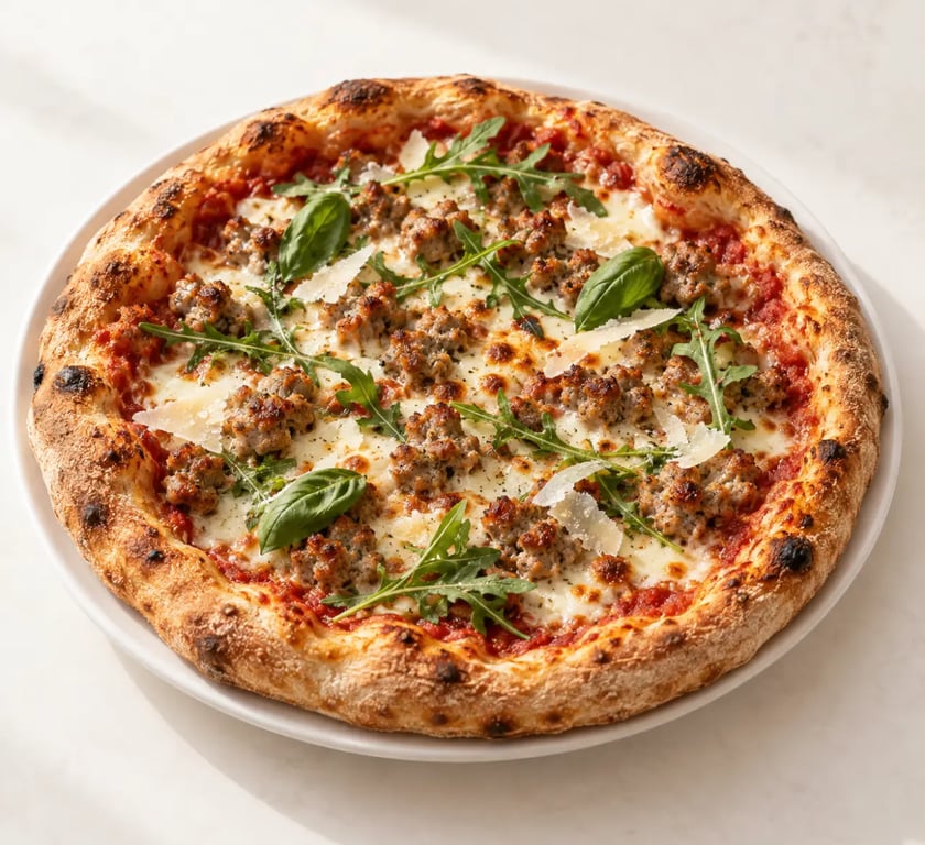 Pizza saucisse italienne avec mozzarella fondante, salsiccia et roquette