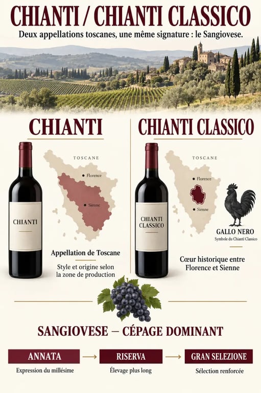 Infographie sur le vin Chianti italien et la différence entre Chianti et Chianti Classico