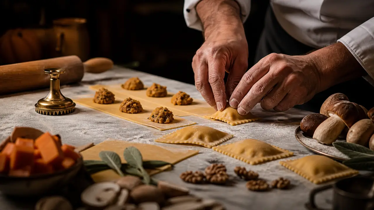 Ravioli d’automne dressés avec une sauce délicate, dans l’esprit du Ristorante Alberto