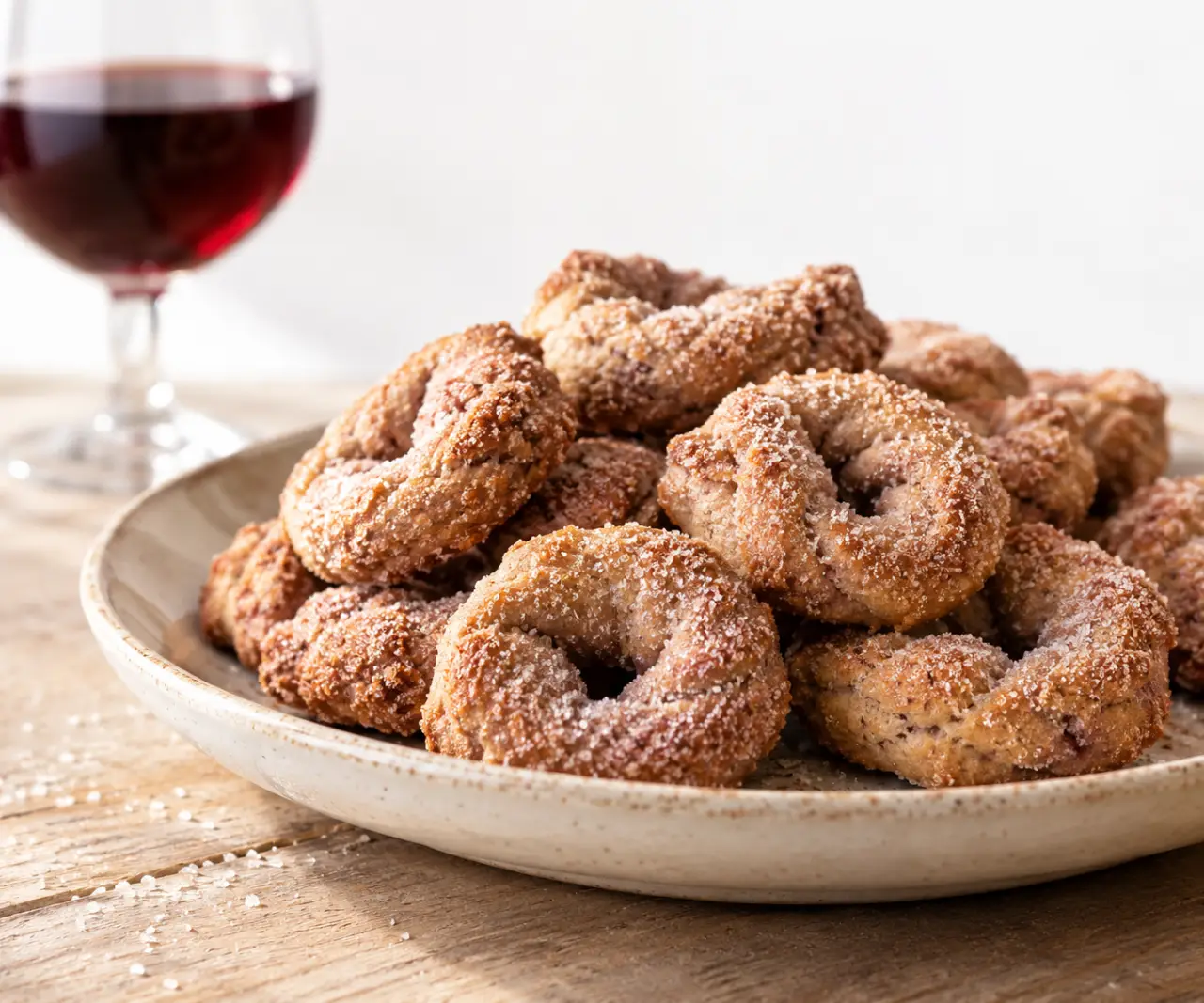 Biscuit italien au vin rouge, ciambelline al vino en anneaux saupoudrés de sucre