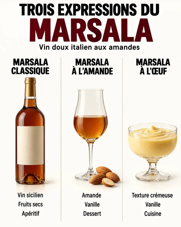 Infographie comparative du vin doux italien aux amandes, du Marsala classique et du Marsala à l’œuf