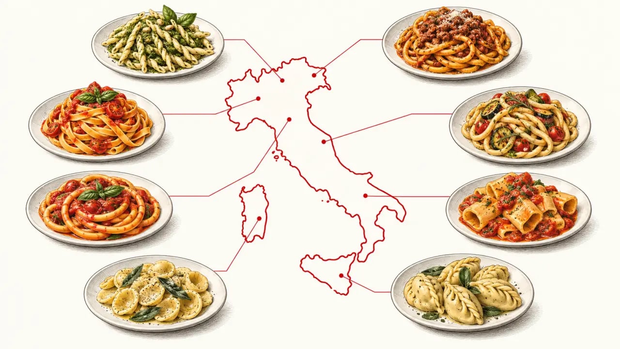 Sélection de pâtes régionales italiennes : trofie, bigoli, tagliatelle, pici, bucatini, paccheri, orecchiette et culurgiones
