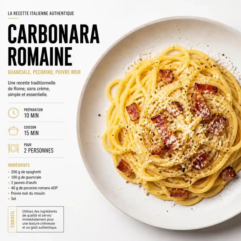 Assiette de pâtes carbonara italiennes authentiques avec guanciale et pecorino.