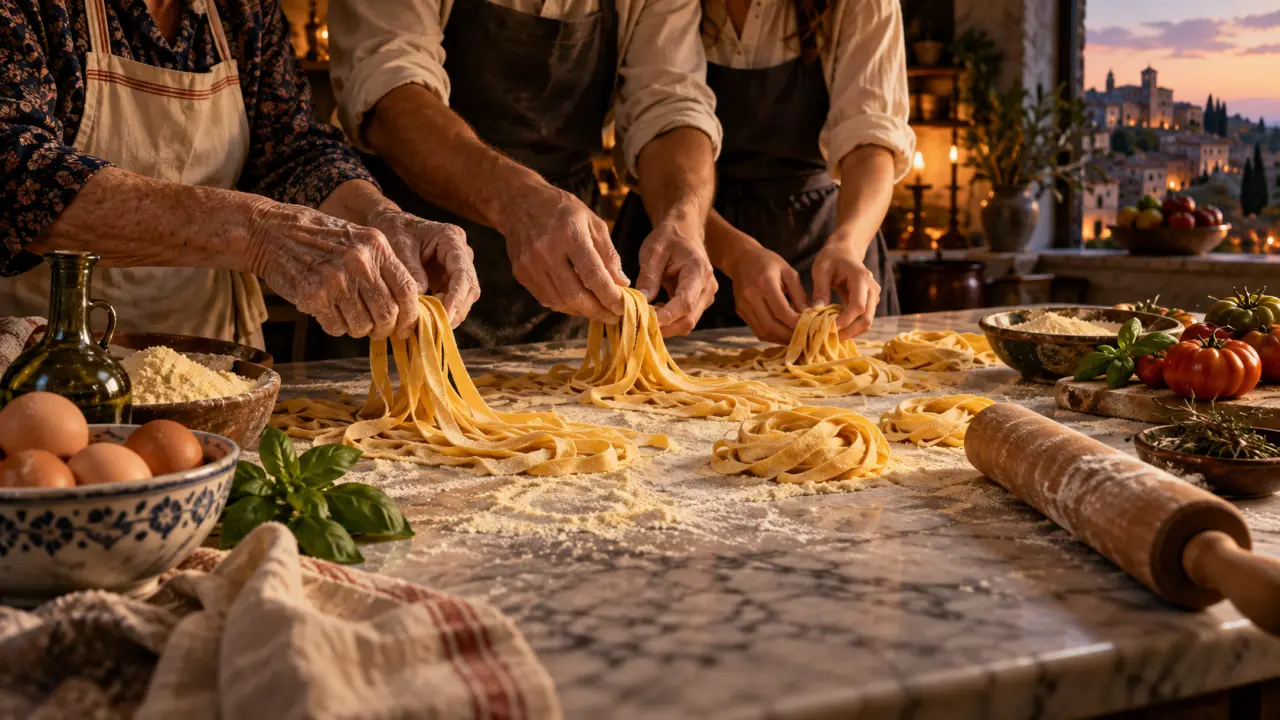 Assiette de pâtes fraîches artisanales dans l'ambiance feutrée du Ristorante Alberto