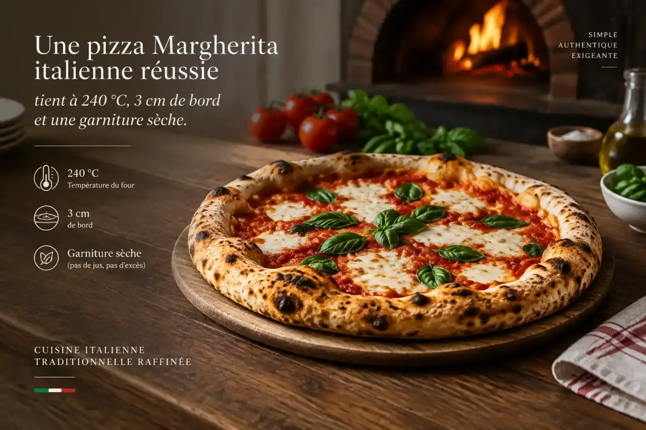Une pizza Margherita italienne réussie tient à 240 °C, 3 cm de bord et une garniture sèche