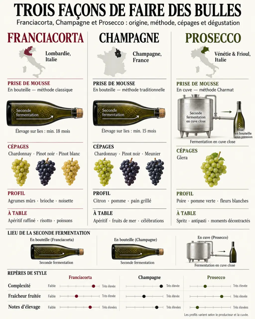 Infographie comparative des vins Franciacorta en Italie, du champagne et du prosecco
