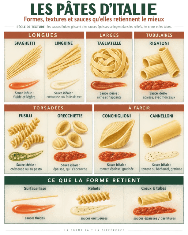 Infographie des formes de pâtes en Italie et des sauces adaptées