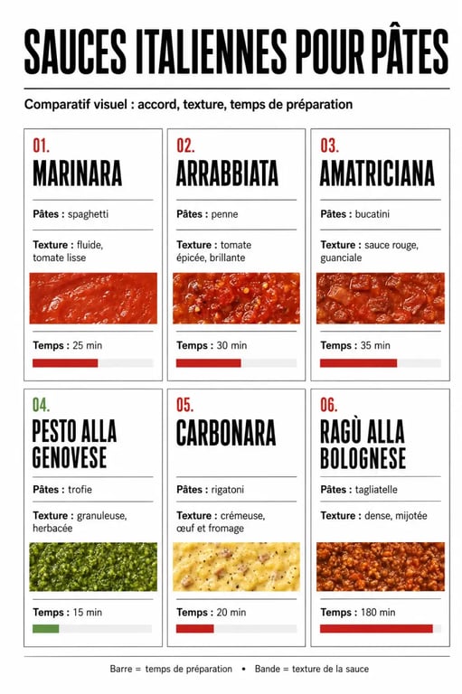 Comparatif des sauces italiennes pour pâtes avec textures, temps et types de pâtes recommandés