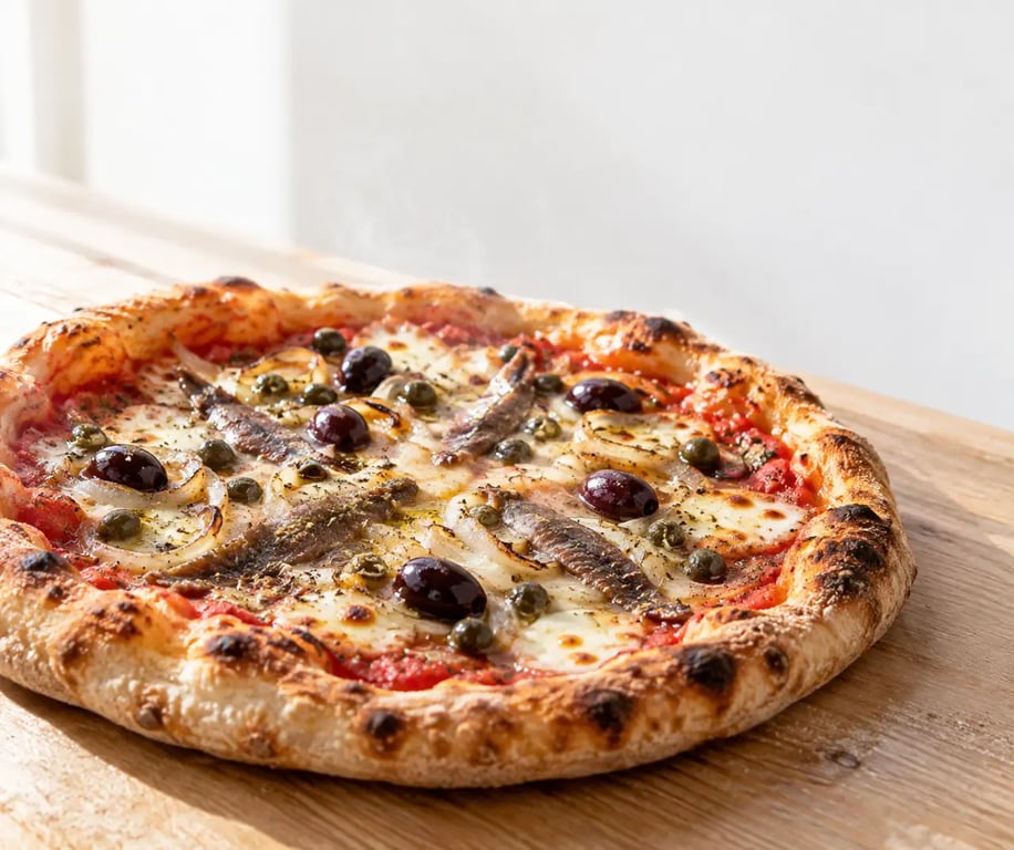 Pizza anchois italie avec mozzarella, câpres, olives et oignons