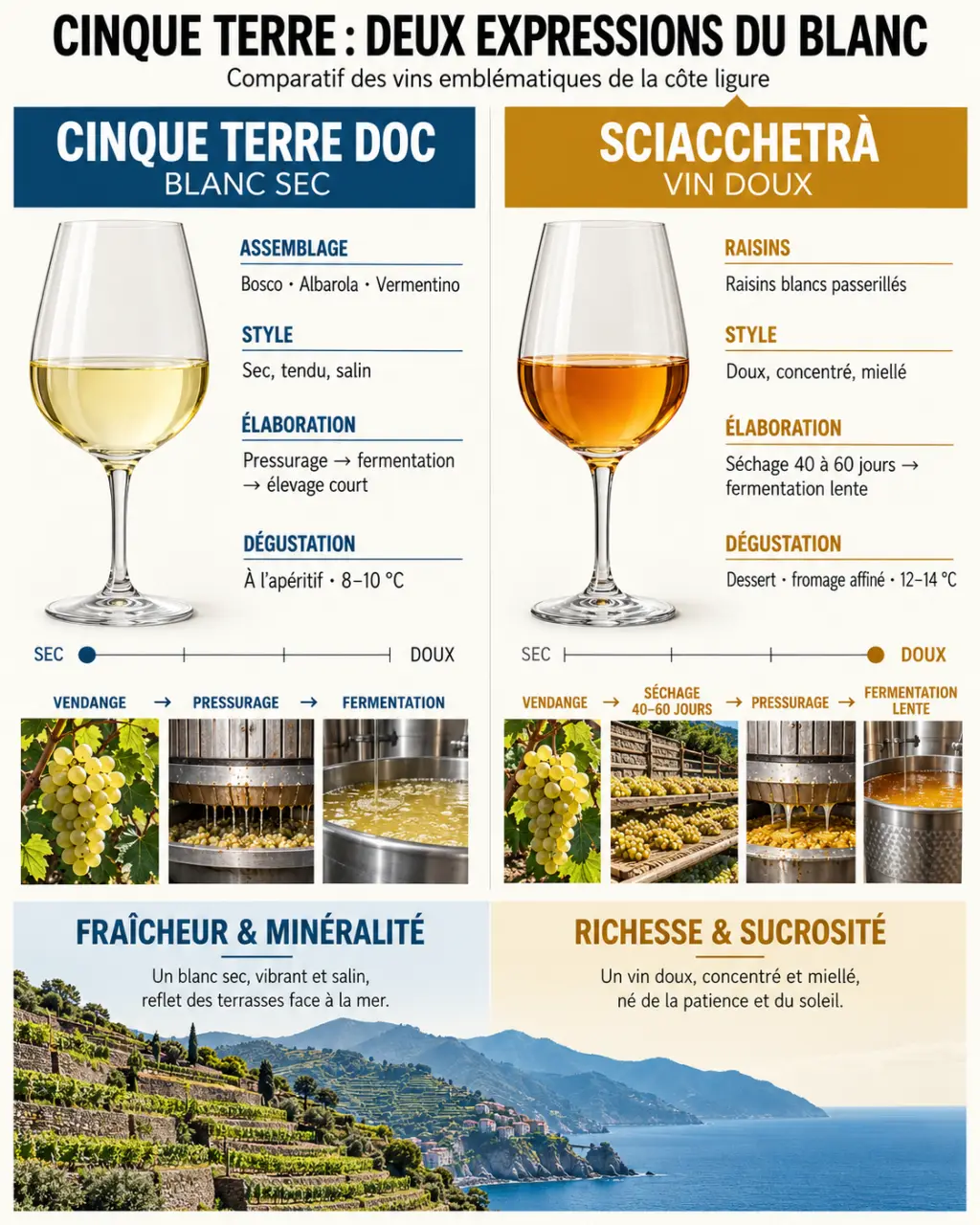 Infographie comparative des vins des Cinque Terre en Italie : Cinque Terre DOC et Sciacchetrà
