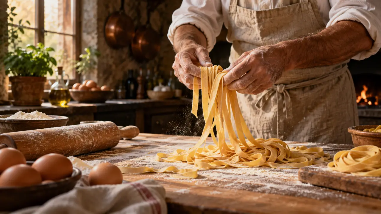 Pâtes fraîches italiennes préparées à la main dans la cuisine du Ristorante Alberto