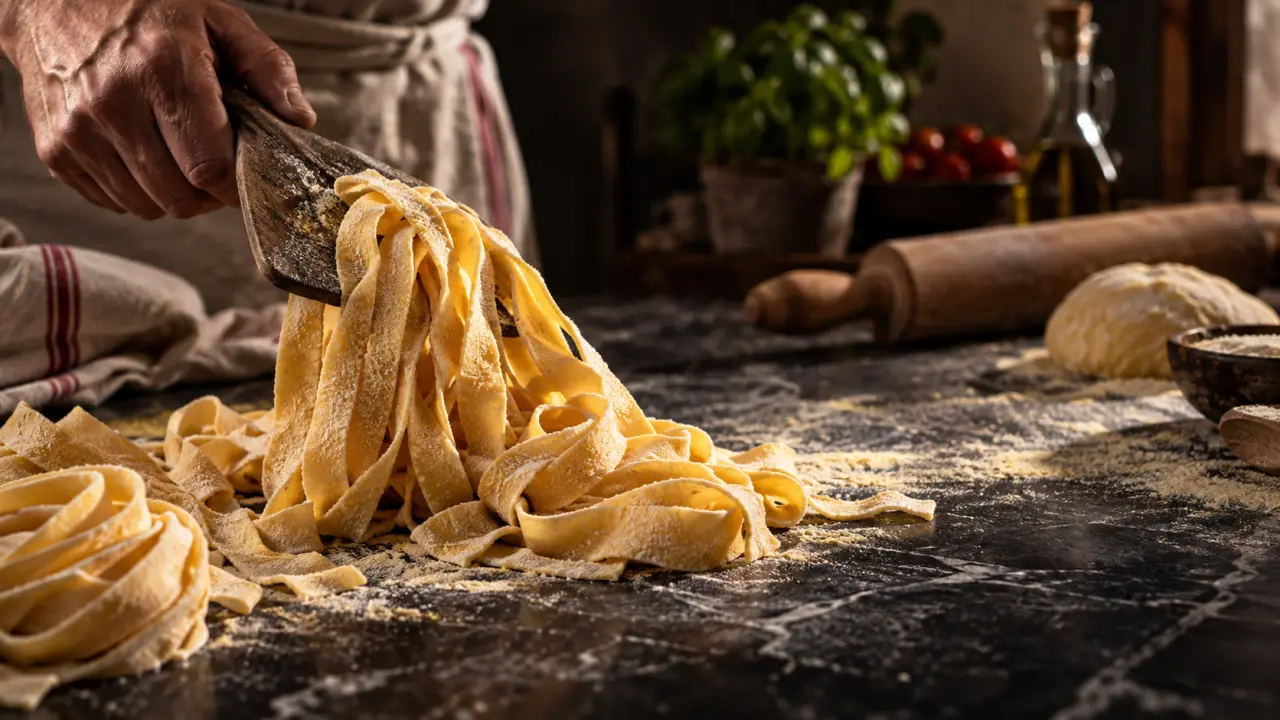 Pâtes fraîches italiennes délicatement dressées dans une assiette