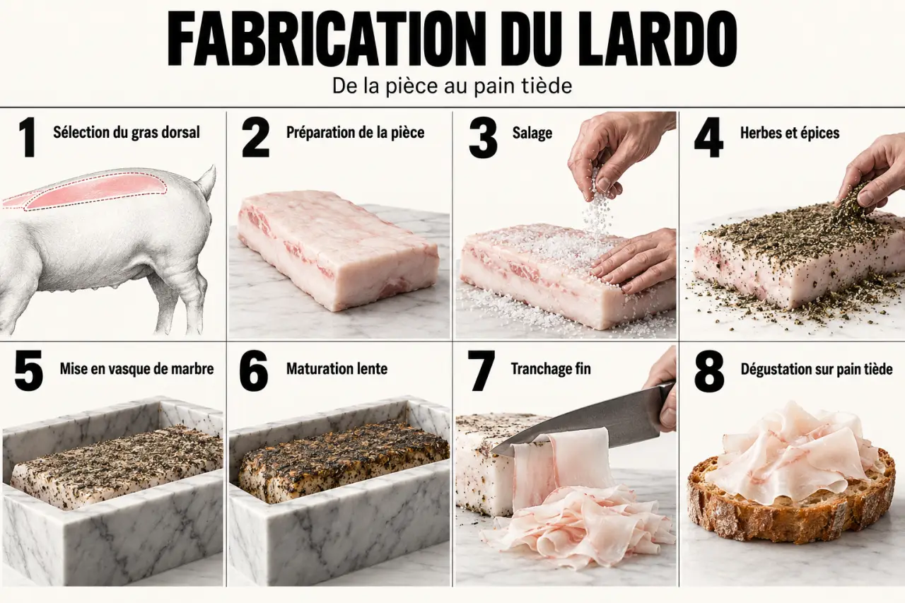 Frise des étapes de fabrication et d’affinage du lardo en vasque de marbre