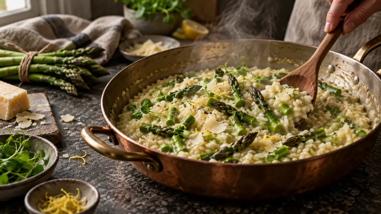 Risotto crémeux aux asperges vertes, servi dans une assiette sombre