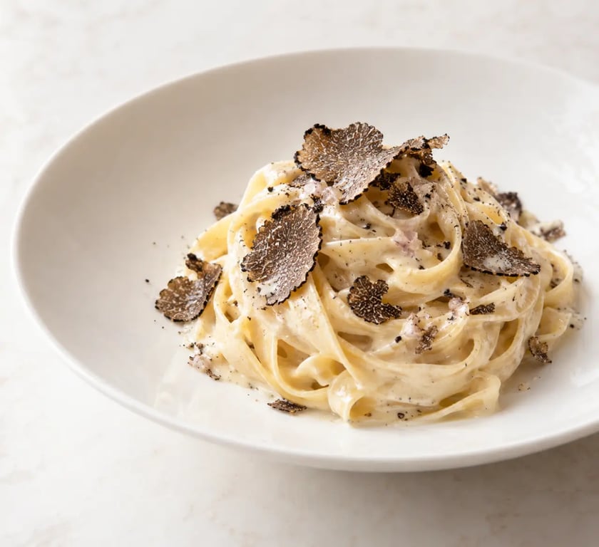 Recette italienne de pâtes aux truffes crémeuses avec lamelles de truffe fraîche