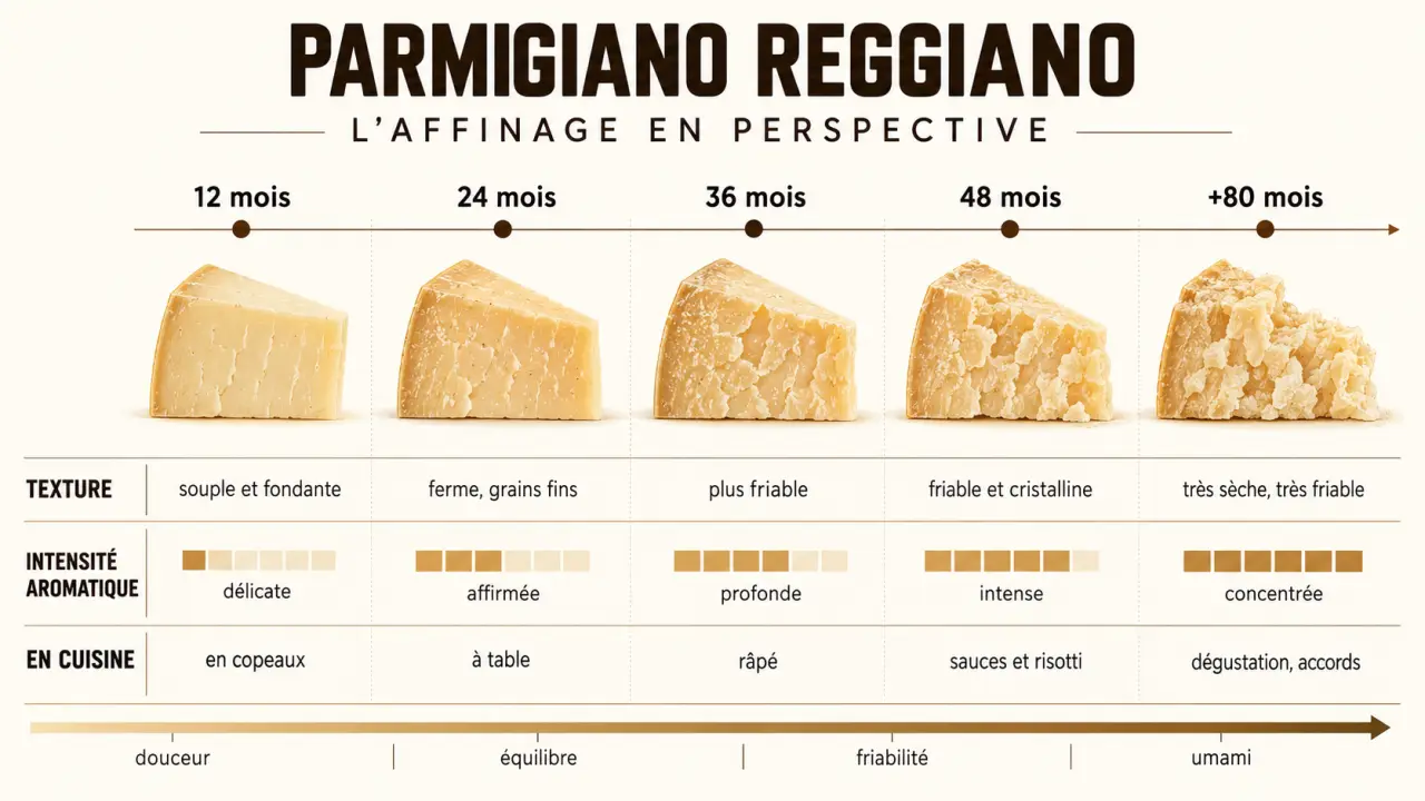 Infographie comparative des affinages du Parmigiano Reggiano parmesan de 12 à plus de 80 mois