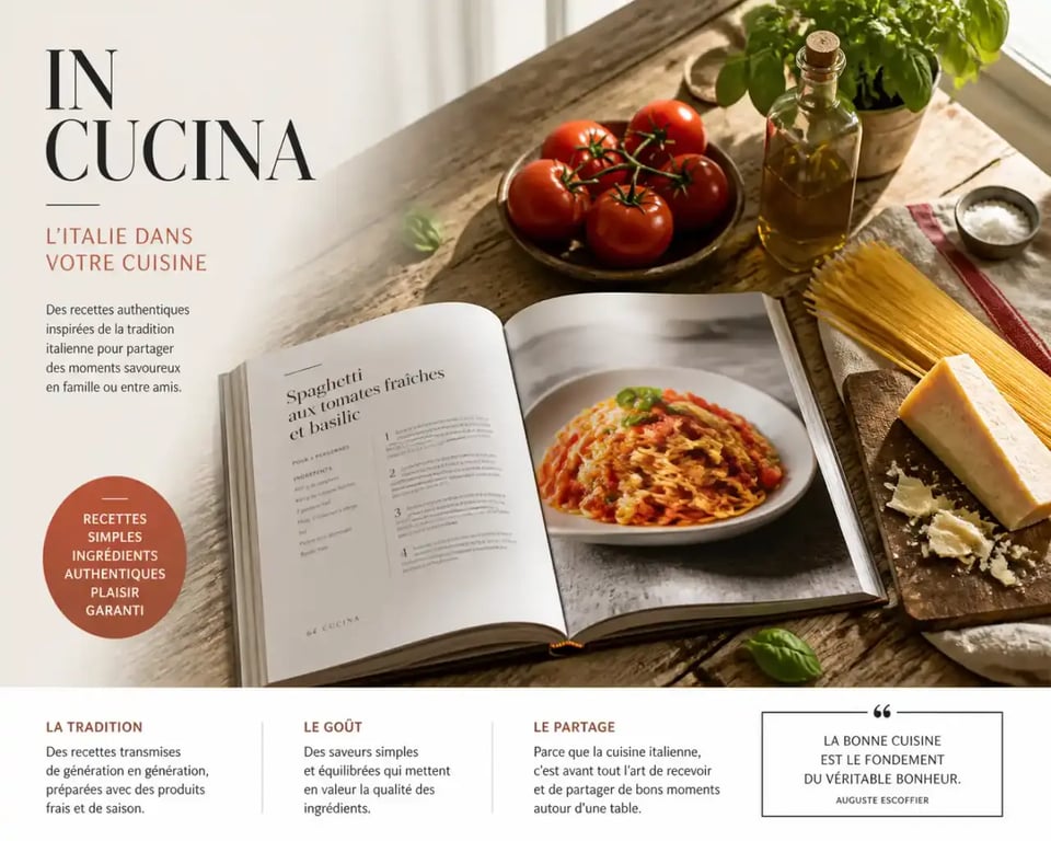 Livre In Cucina mes plus belles recettes italiennes d'Alba Pezone ouvert sur une table avec ingrédients italiens
